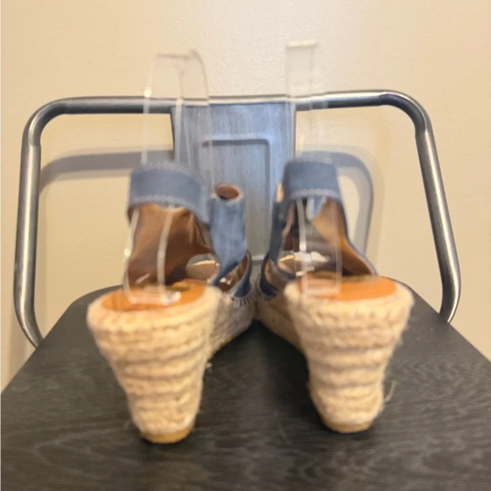 Kanna Spain Blue Leather Espadrille Wedge Sandals EU 37 US 6.5 Peep Toe